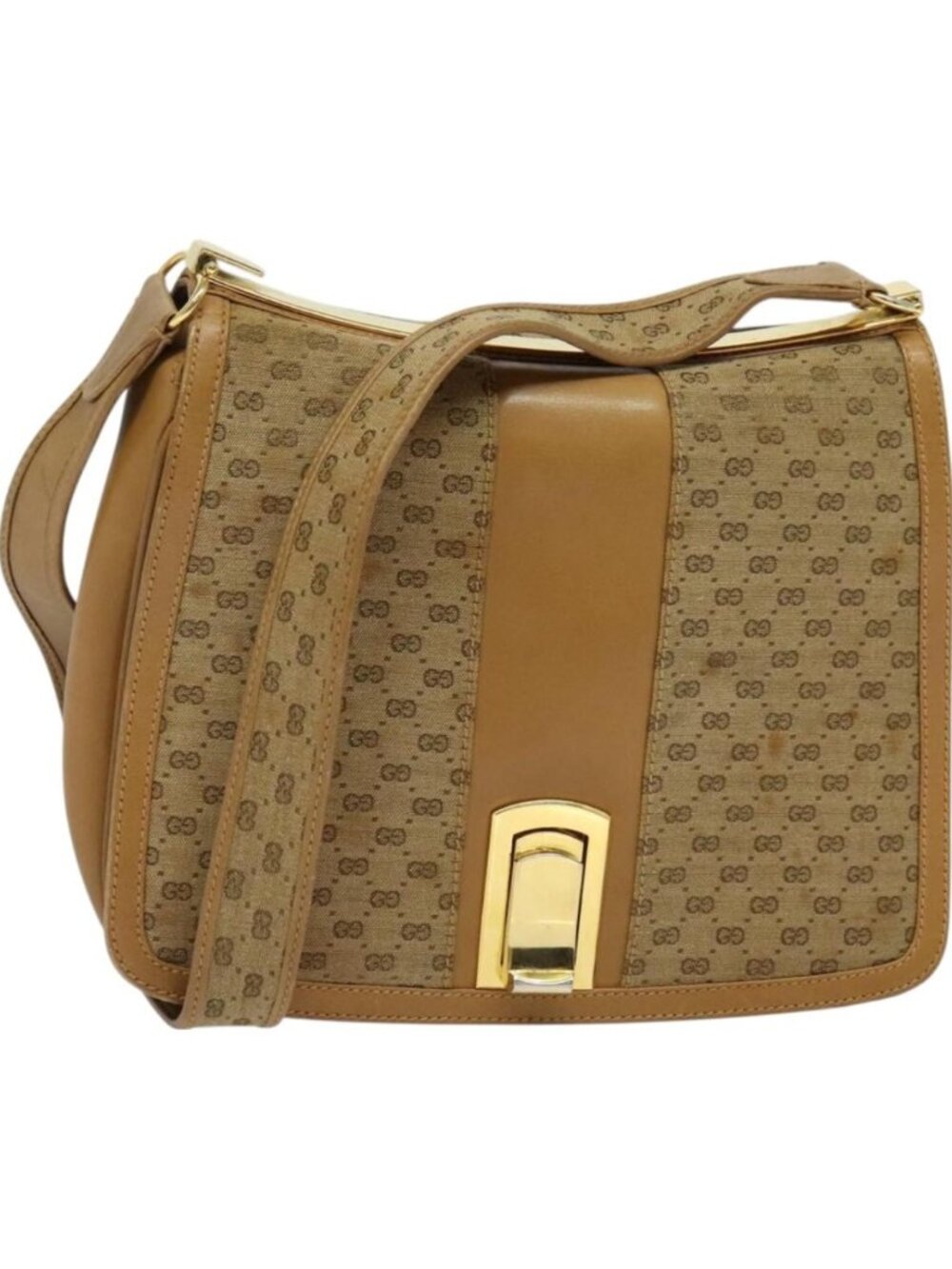 GUCCI Micro GG Canvas Shoulder Bag Beige Gold